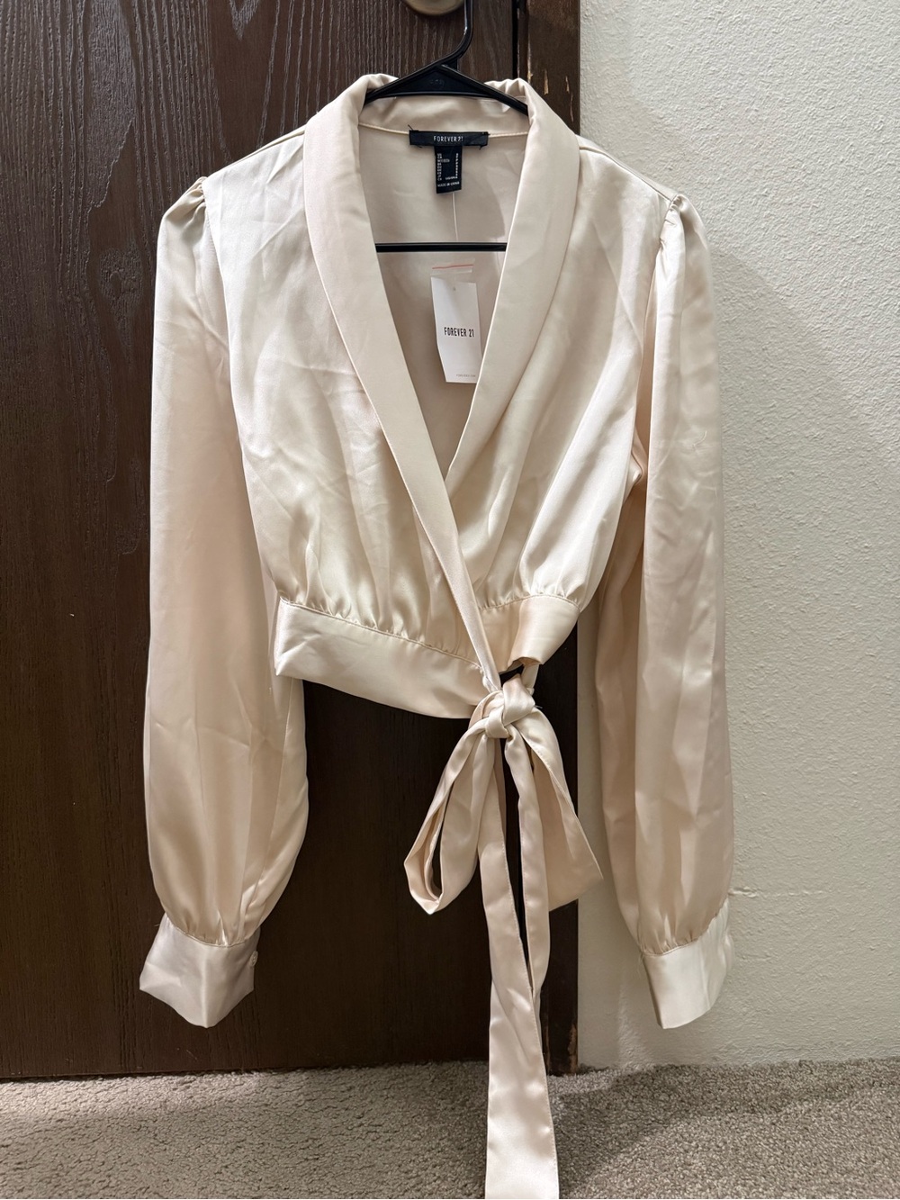 Forever 21 Satin Cream Wrap Blouse with Tie Waist